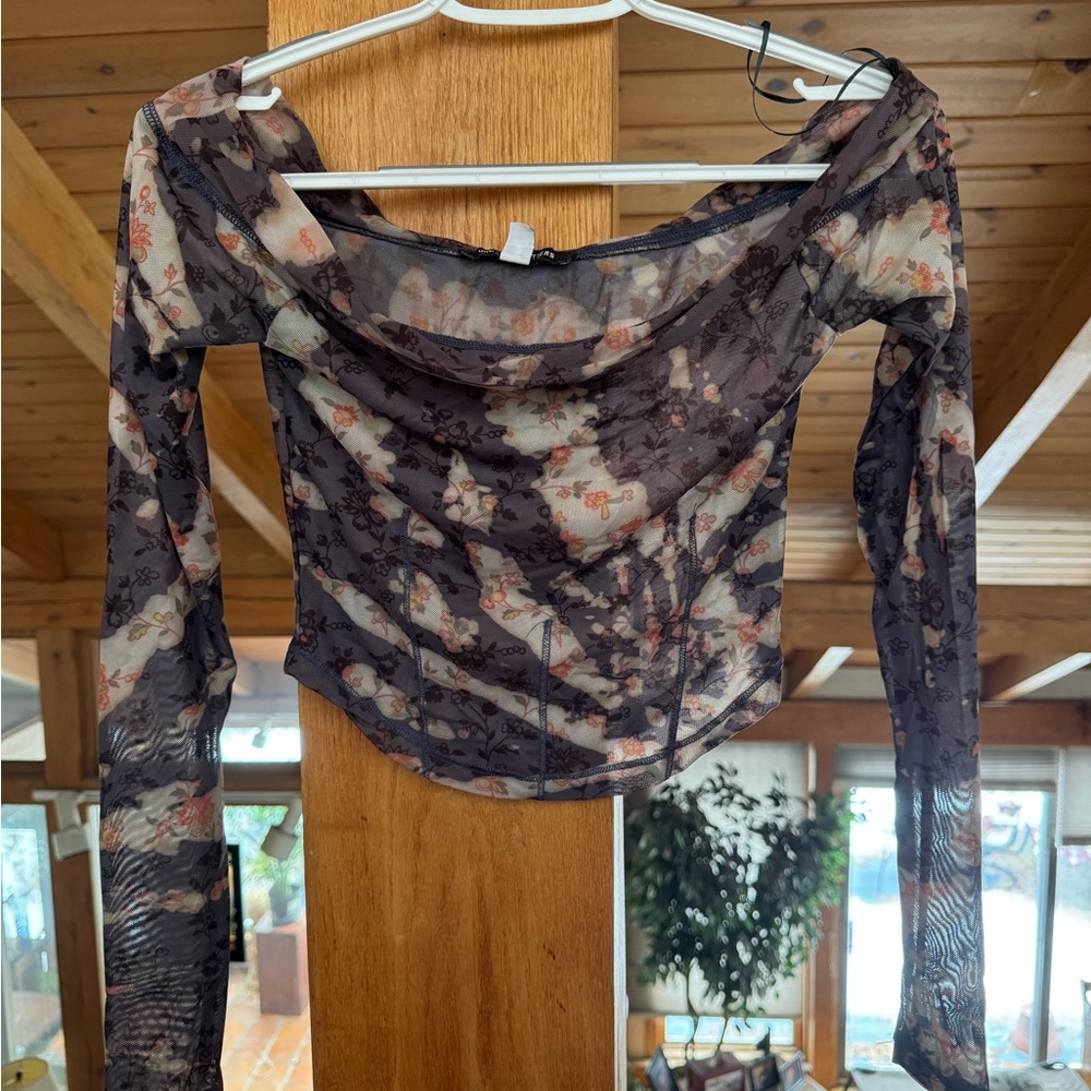 Floral Sheer Off Shoulder Long Sleeve Top